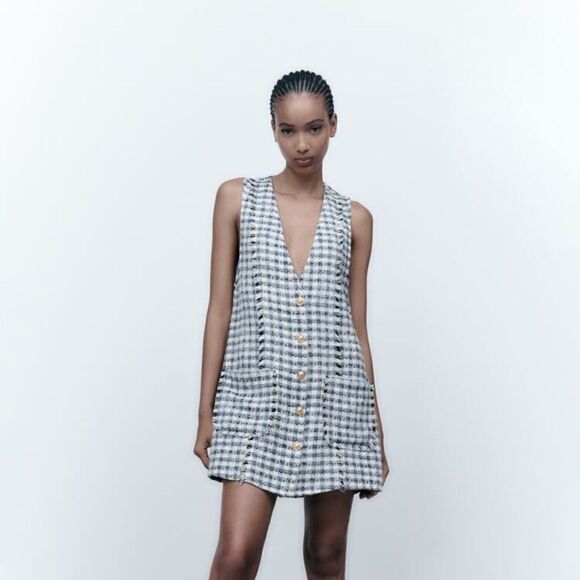 Zara Textured Pinafore Dress Patch Pockets New - Picture 9 of 10